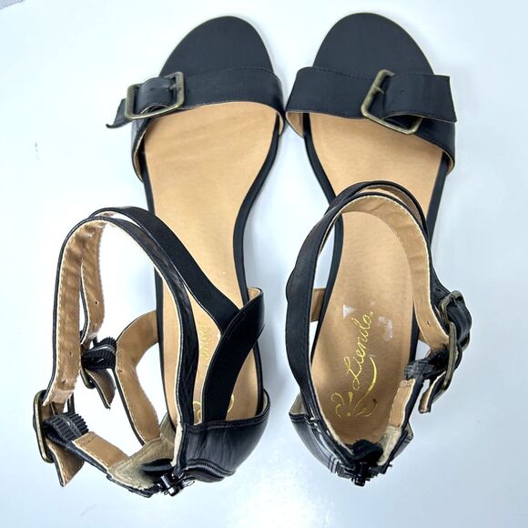 Liendo Anthropologie Black Leather Buckle Ankle Strap Low Wedge Sandals Size 9.5 - Picture 4 of 10